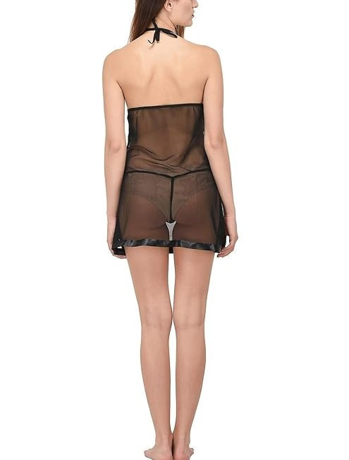 Net Self Design Halter Neck Babydoll Night Suit For Women