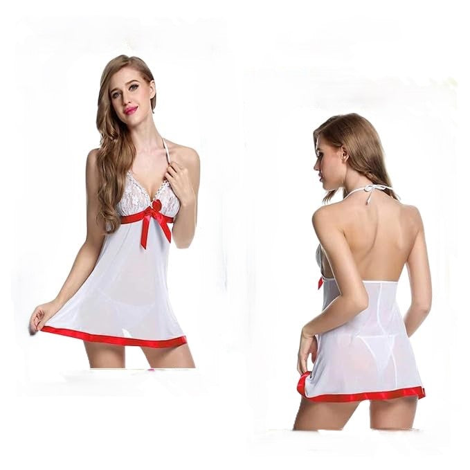 Net Self Design Halter Neck Babydoll Night Suit For Women