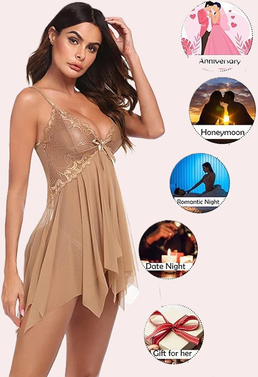 Net Self Design Halter Neck Babydoll Night Suit For Women