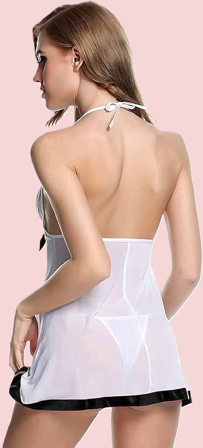 Net Self Design Halter Neck Babydoll Night Suit For Women