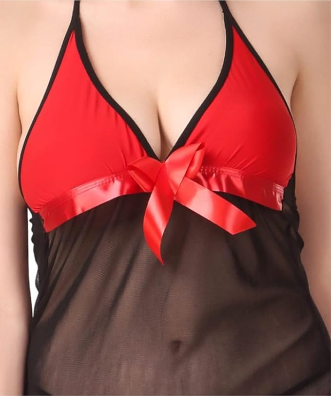 Net Self Design Halter Neck Babydoll Night Suit For Women