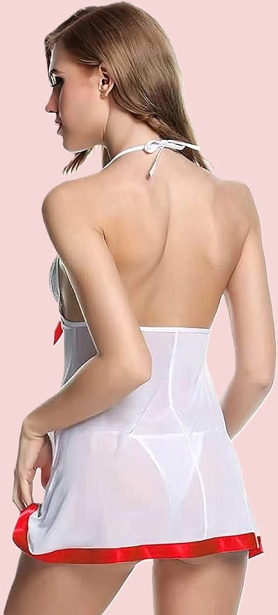 Net Self Design Halter Neck Babydoll Night Suit For Women