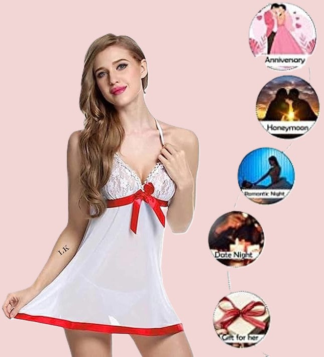 Net Self Design Halter Neck Babydoll Night Suit For Women