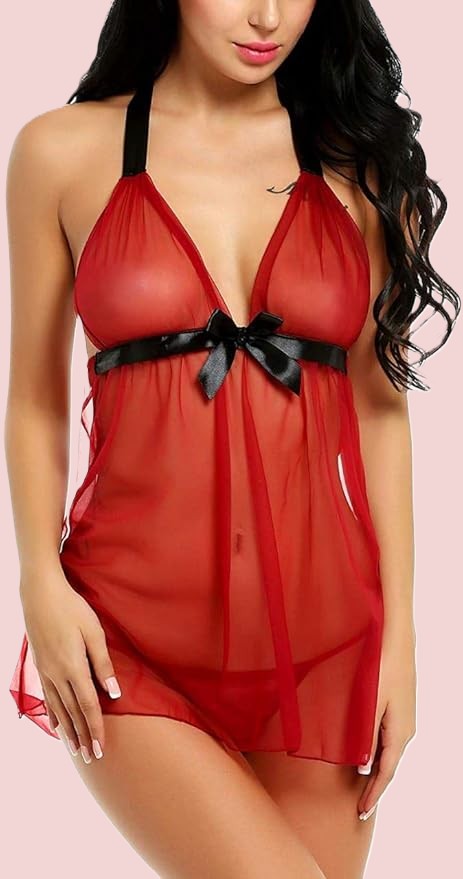 Red Net Self Design Halter Neck Babydoll Night Suit For Women