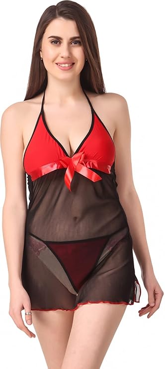 Net Self Design Halter Neck Babydoll Night Suit For Women