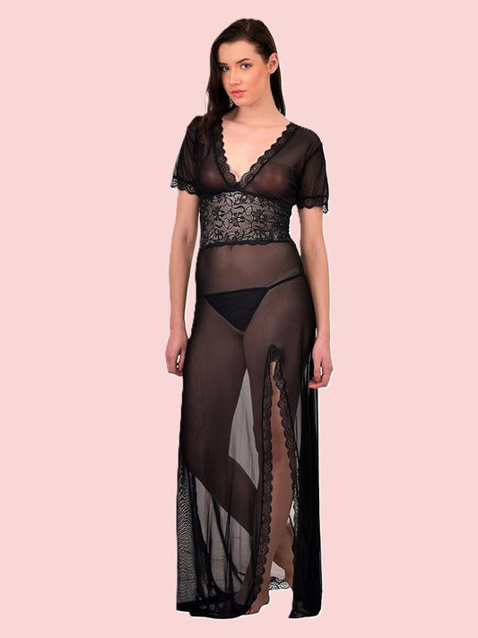 Black Net Self Design Halter Neck Babydoll Night Suit For Women