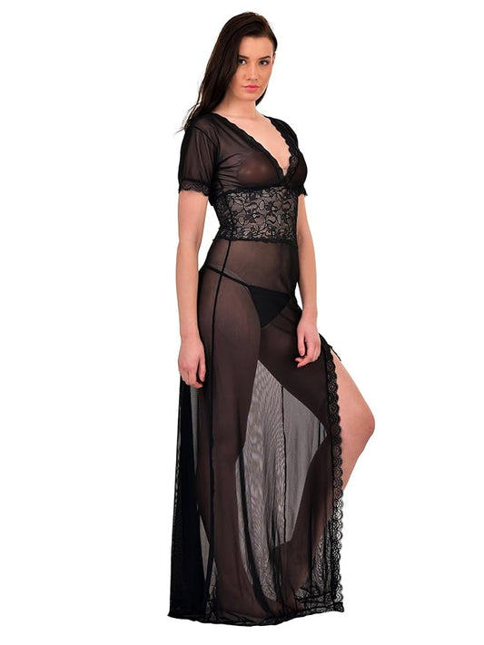 Black Net Self Design Halter Neck Babydoll Night Suit For Women