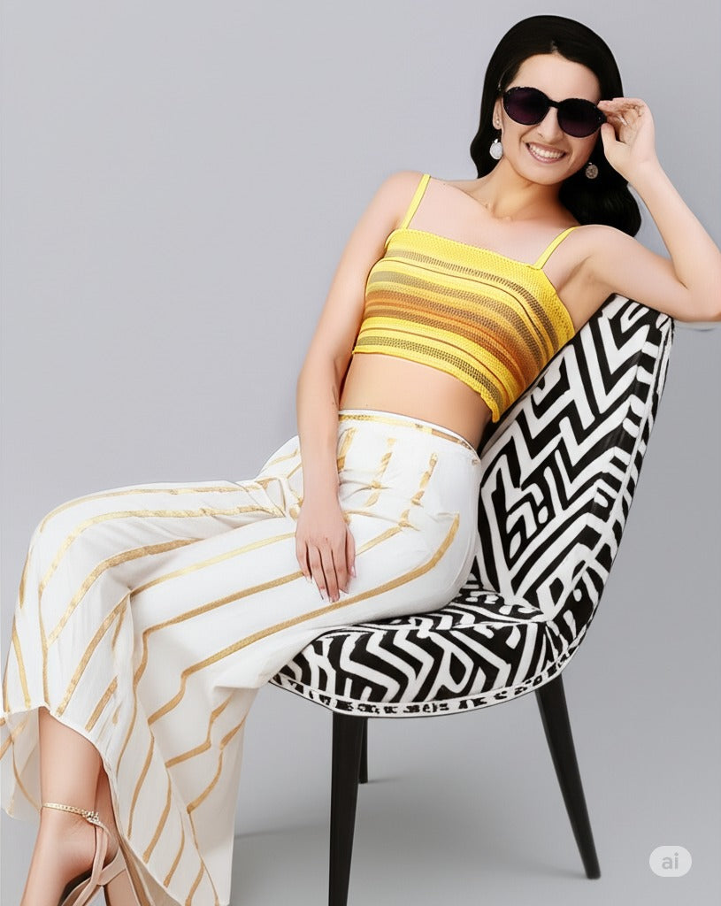 Cream Pure Silk Striped Mid Rise Regular Fit Palazzo For Women