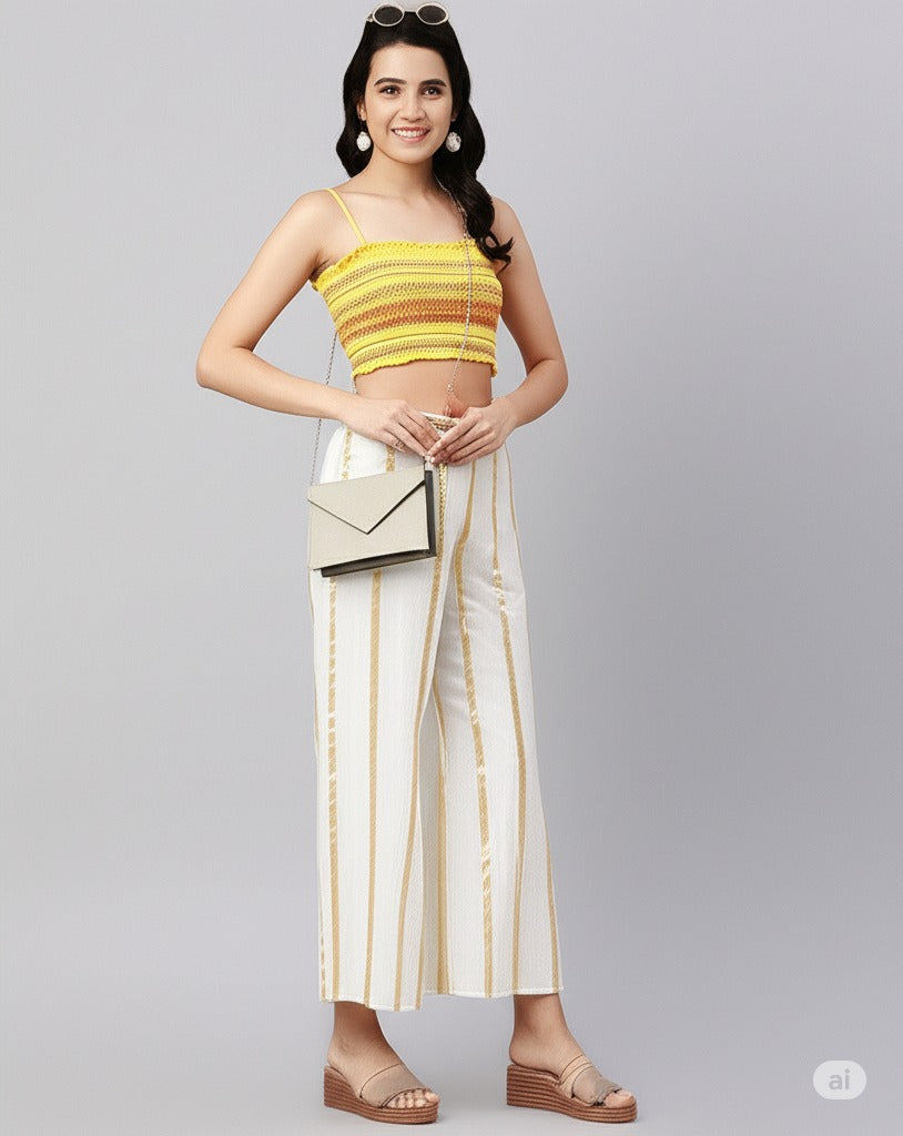 Cream Pure Silk Striped Mid Rise Regular Fit Palazzo For Women