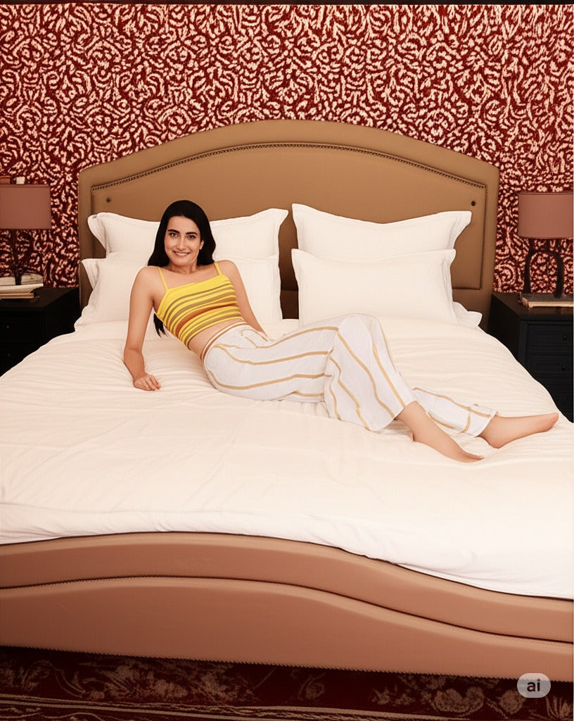 Cream Pure Silk Striped Mid Rise Regular Fit Palazzo For Women