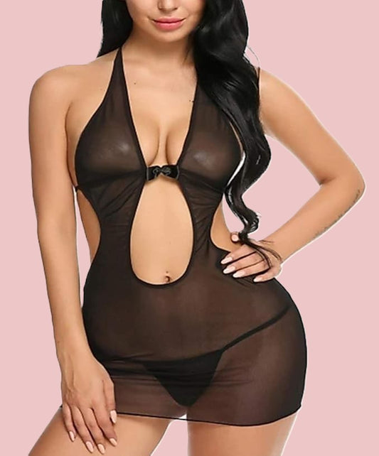 Self Design Halter Neck Babydoll Night Suit For Women