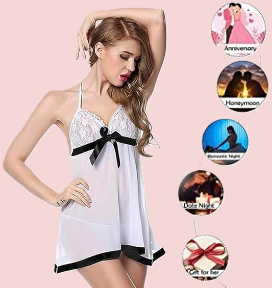 Net Self Design Halter Neck Babydoll Night Suit For Women